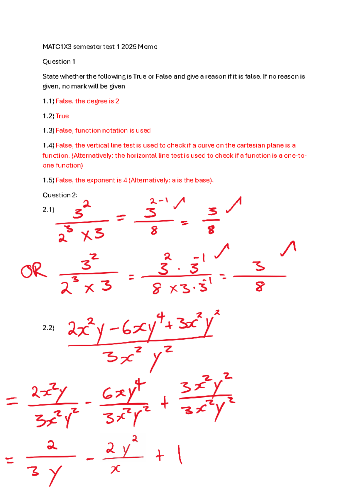 MATC1X3 Semester Test 1 2025 Memo Analysis and Answers - Studocu
