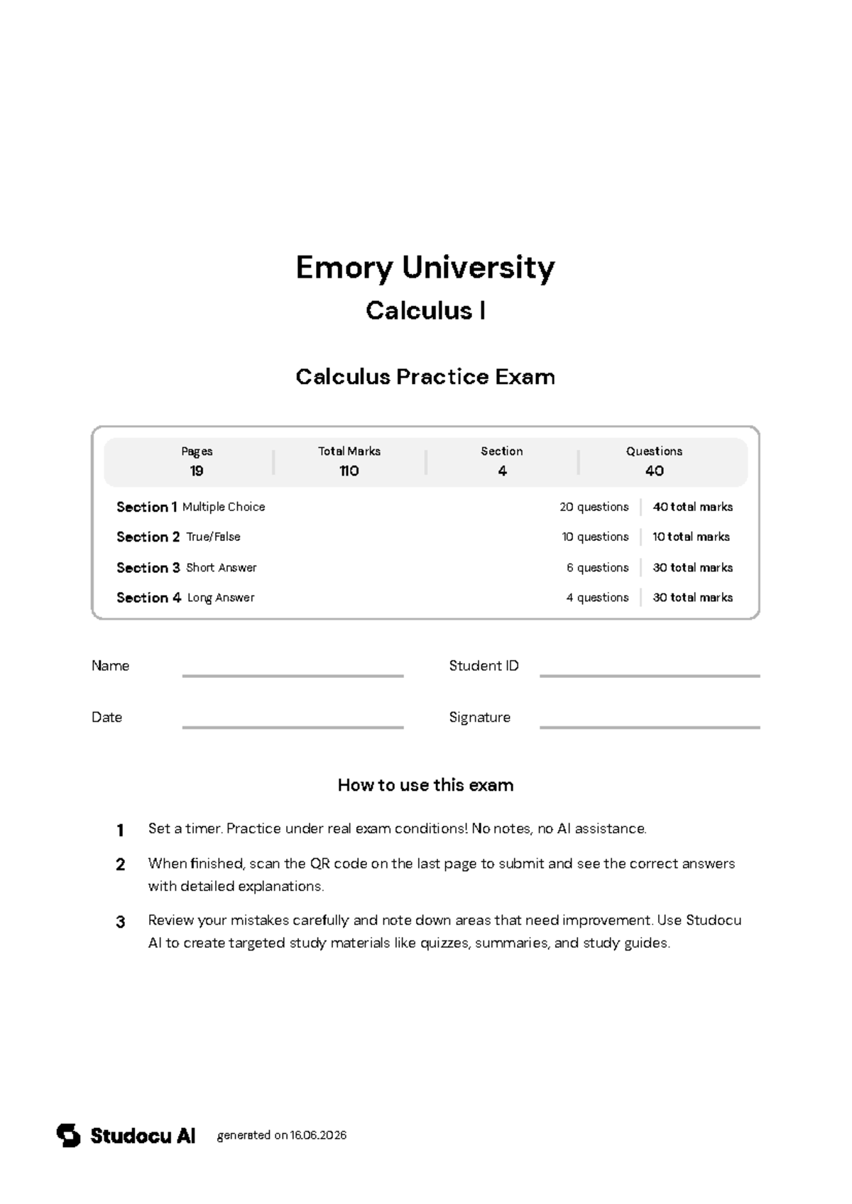 Calculus Practice Exam - Studocu
