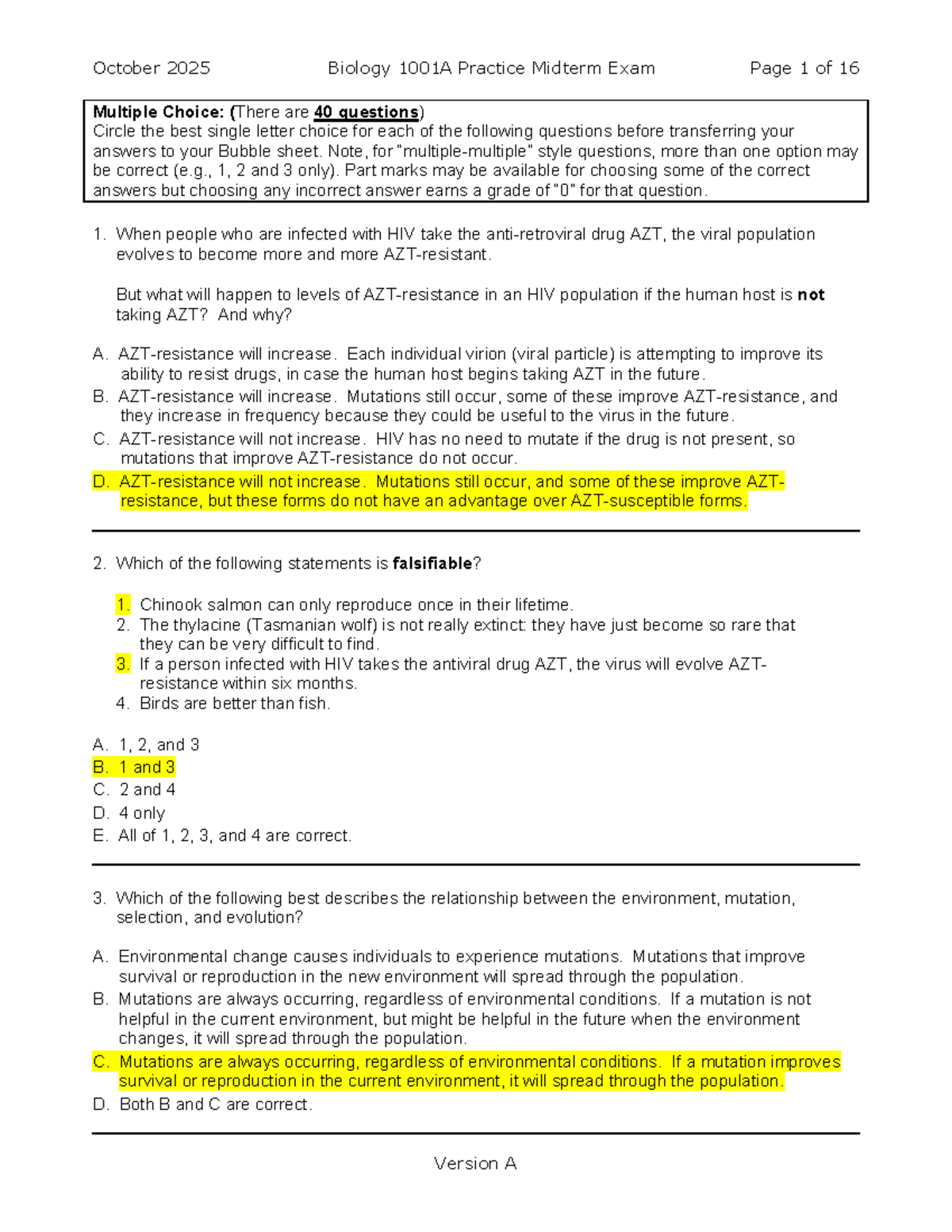 Biology 1001A Practice Midterm Exam Answers - October 2025 - Studocu