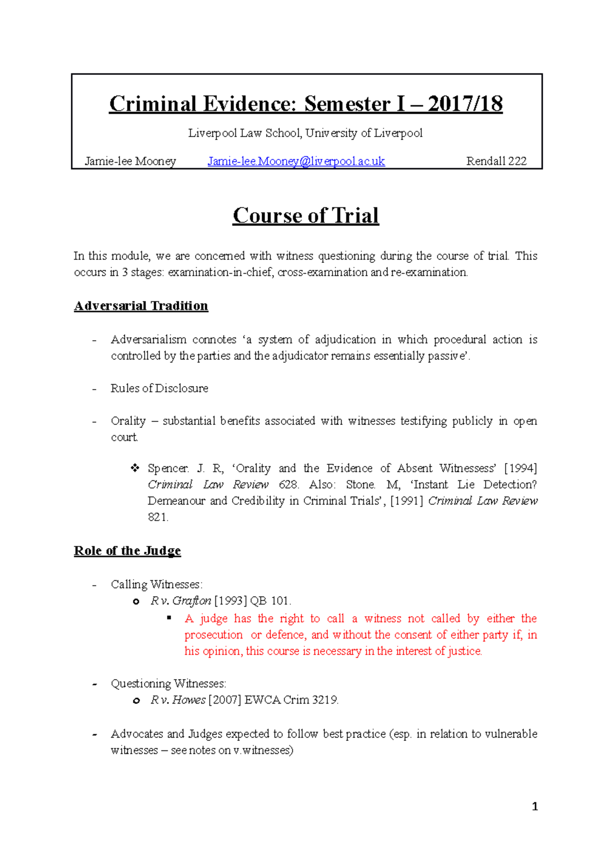 Criminal Evidence: Course of Trial Handout 2017-18 Summary - Studocu