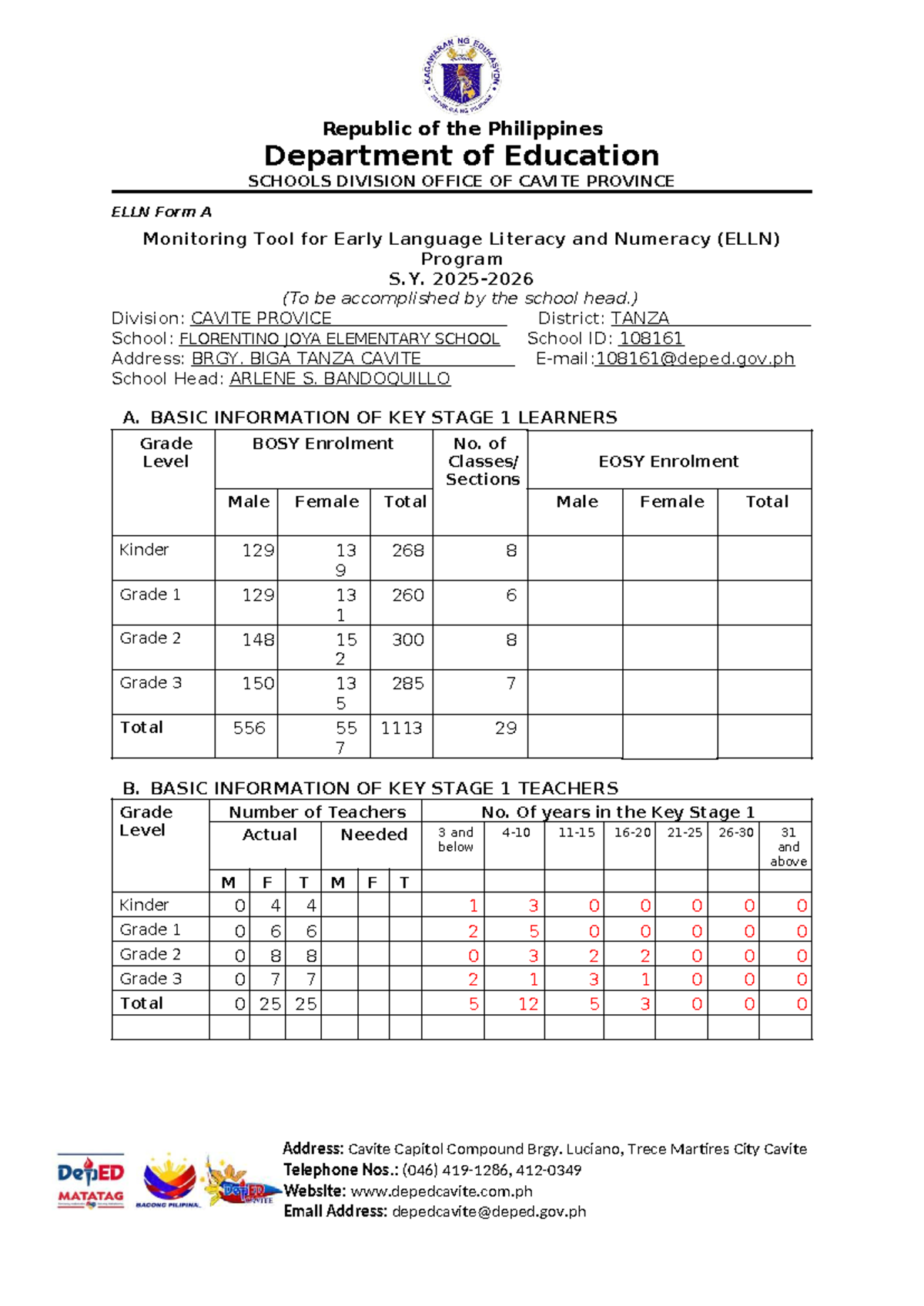 ELLN Monitoring Tool for Early Language Literacy & Numeracy (S.Y. 2025 ...