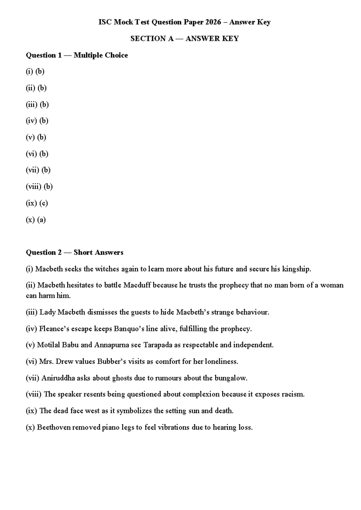 ISC Mock Exam English 2 2026 Answer Key and Analysis - Studocu