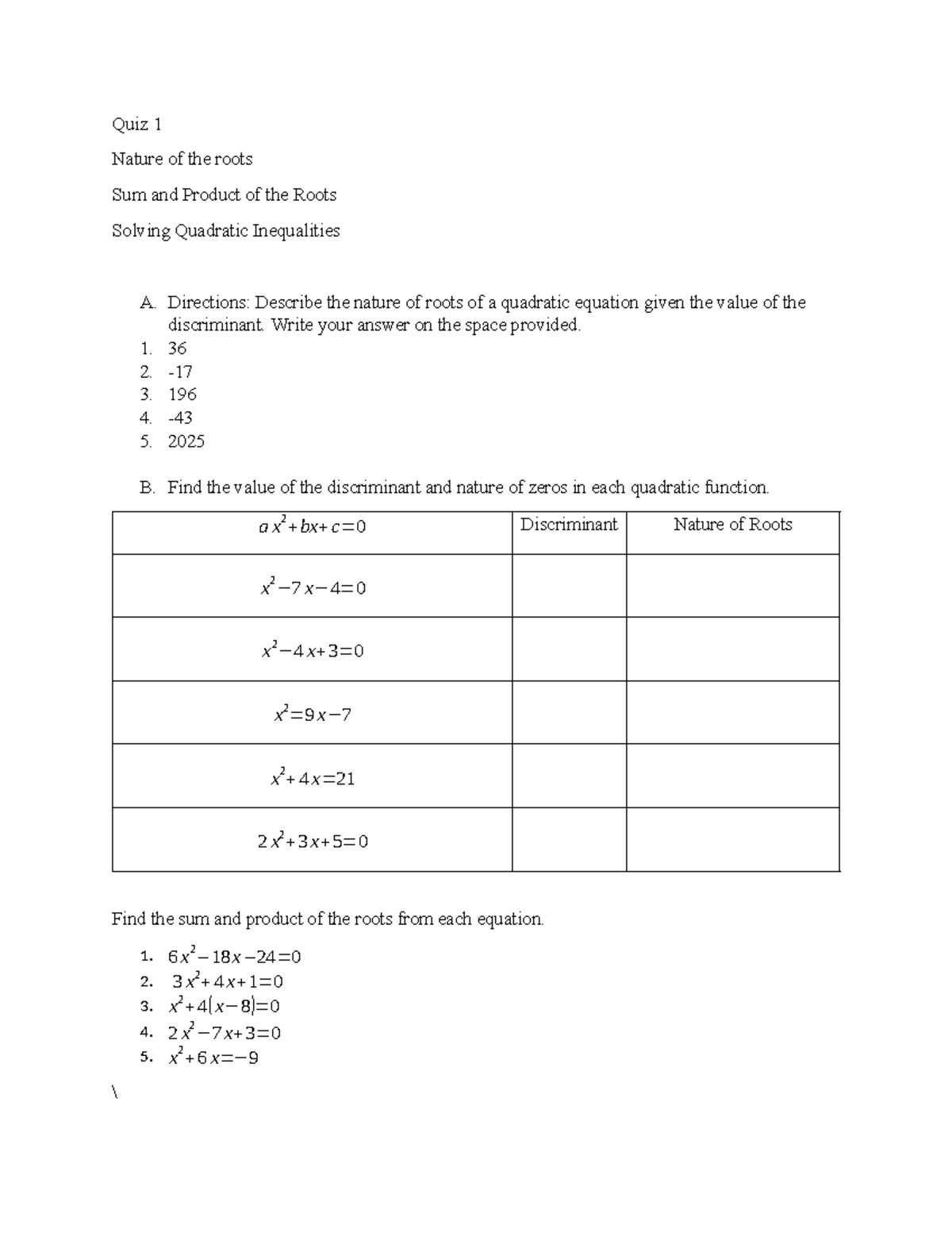 Quiz 1-3: Roots of Quadratic Equations and Discriminants - Studocu