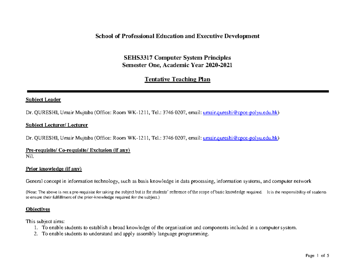 Tentative Teaching Plan for SEHS3317 Computer System Principles - Studocu
