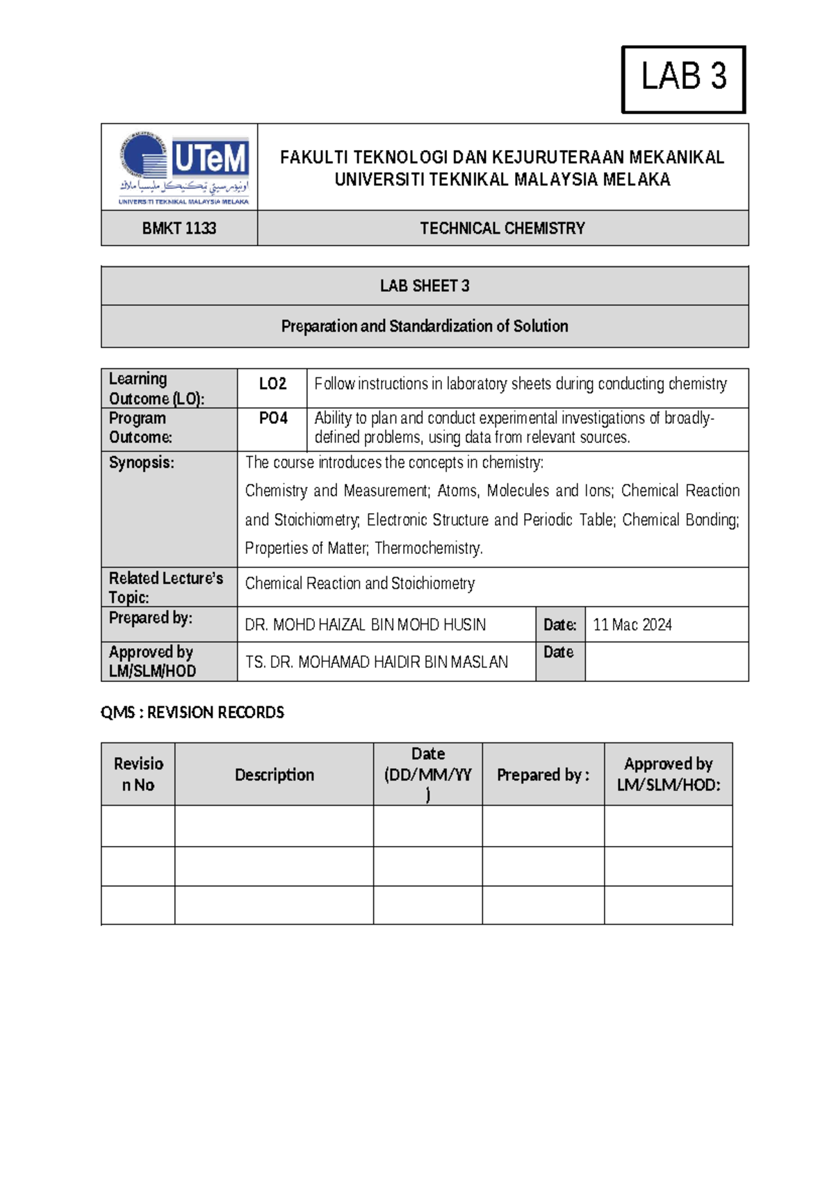 BMKT 1133 Technical Chemistry Lab 3: Preparation & Standardization of ...