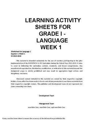 LE Language Q1 W5 Weekly Lesson Plan for Grade 1 - Studocu