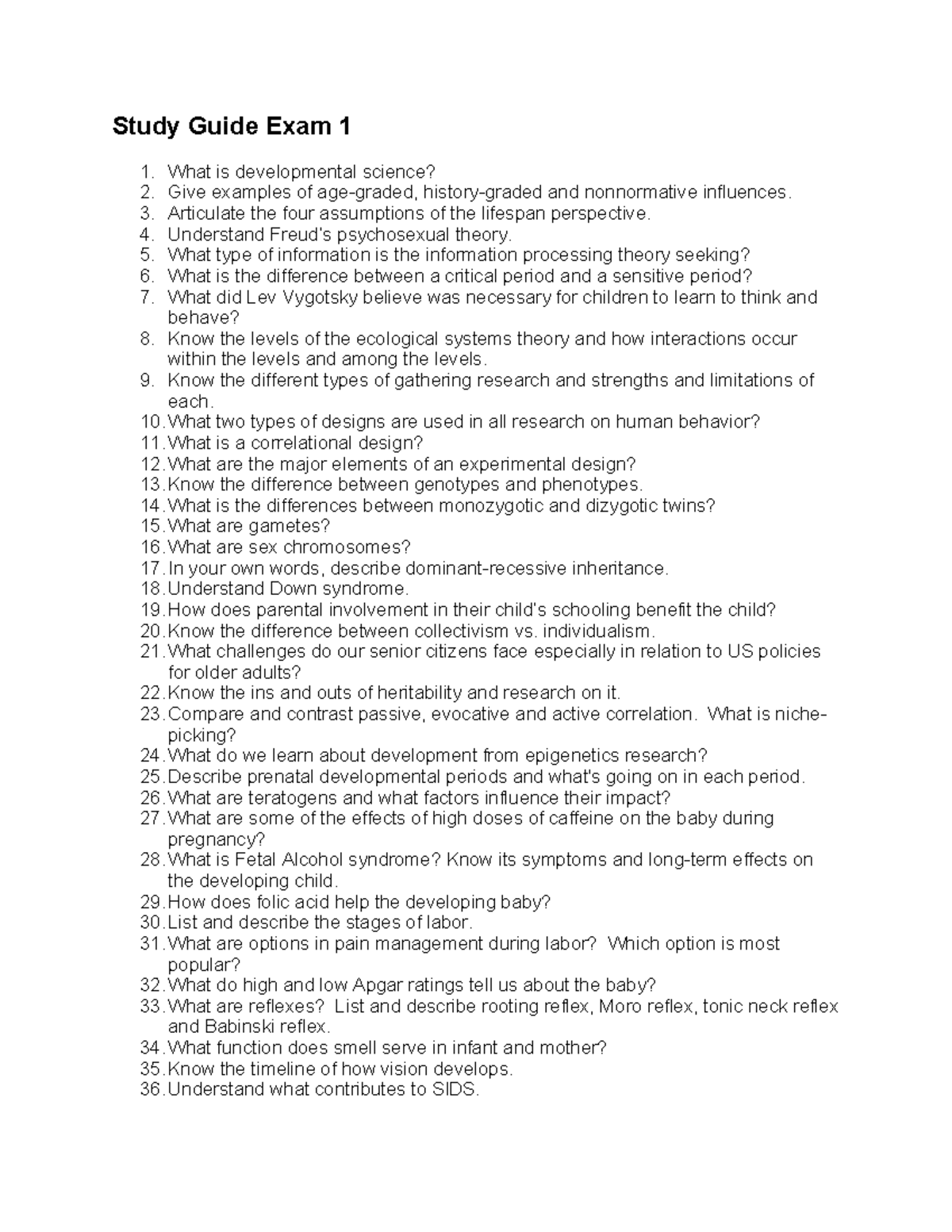 Developmental Science Study Guide for Exam 1 - Studocu