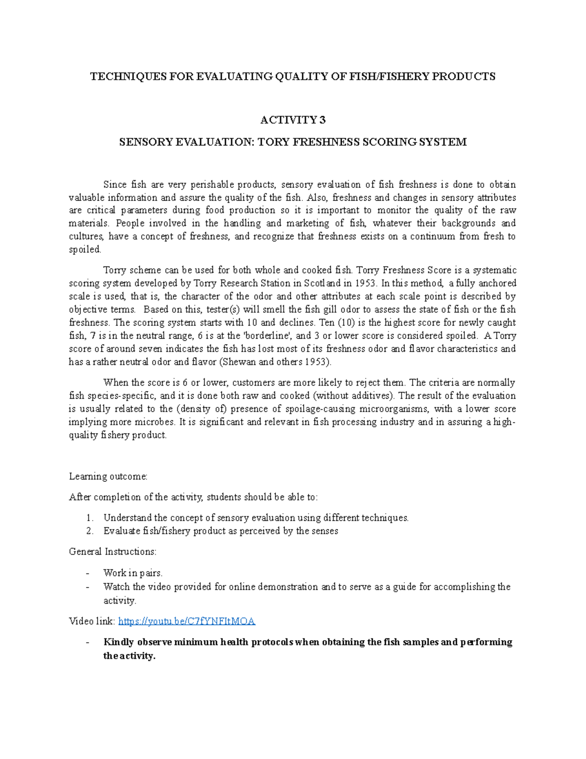 Torry Freshness Scoring System Evaluation for Fish Products - Studocu