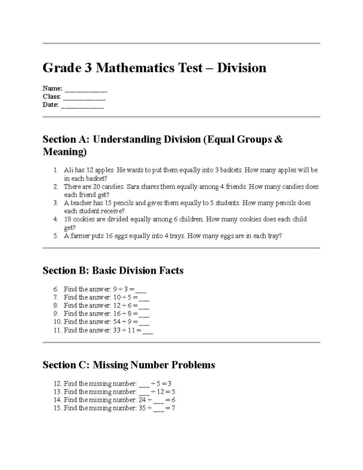 Grade 3 Math Test: Division & Operations Practice - Studocu