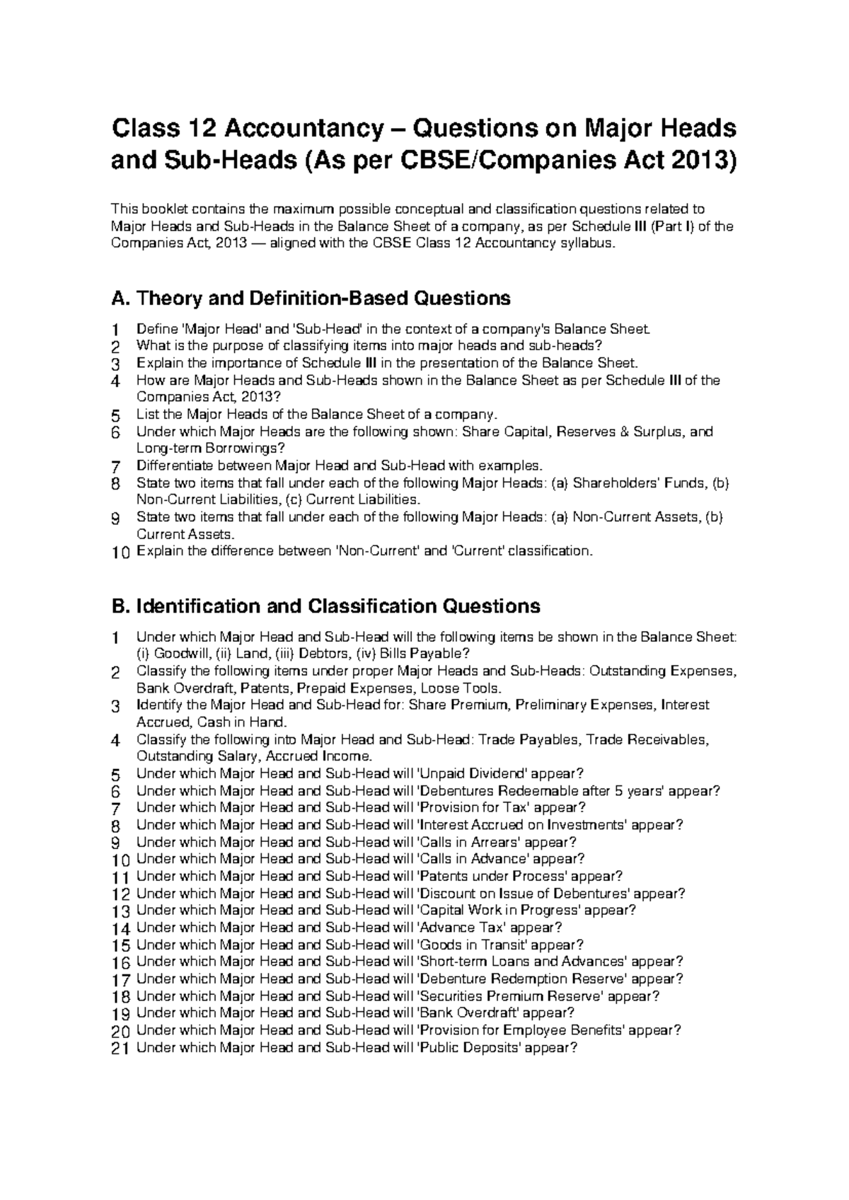 Class 12 Accountancy: Major Heads & Balance Sheet Questions - Studocu