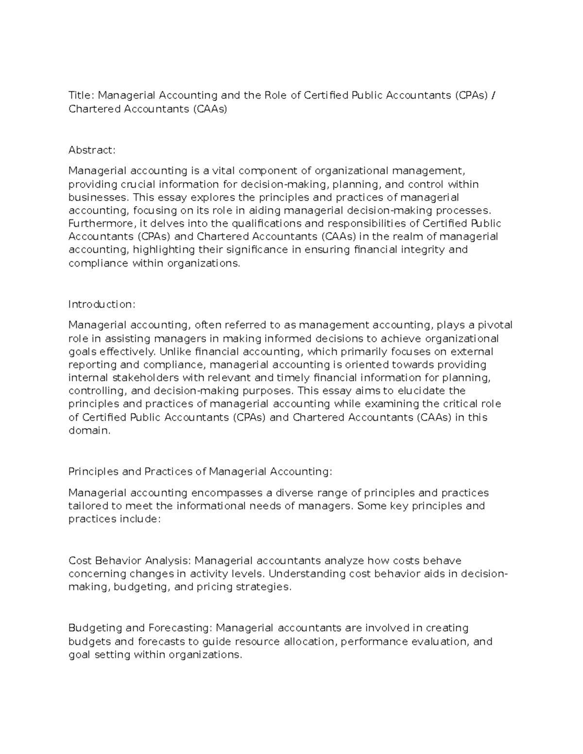 Managerial Accounting (MGMT 401): Insights for Effective