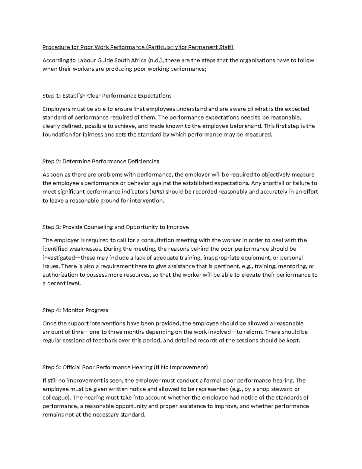 Procedure for Discipline & Dismissal: Incapacity or Poor Performance ...