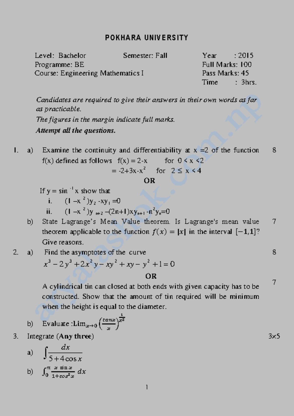 Engineering Mathematics I (BE 2015) Exam Questions and Solutions - Studocu