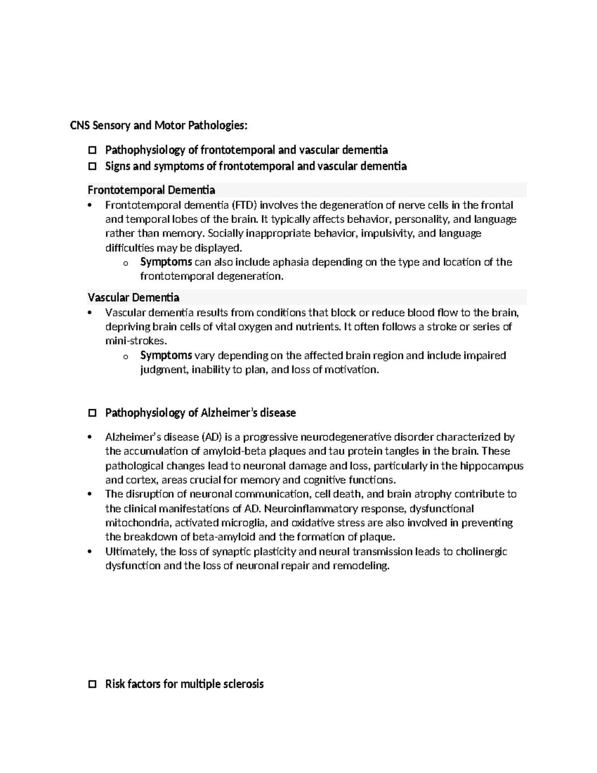 NR507 Final Exam Study Guide: CNS Sensory & Motor Pathologies - Studocu