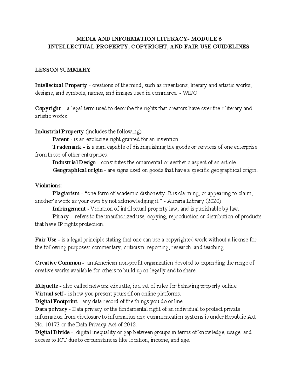 MiL Module 6 Lesson Summary: IP, Copyright, and Fair Use Guidelines ...