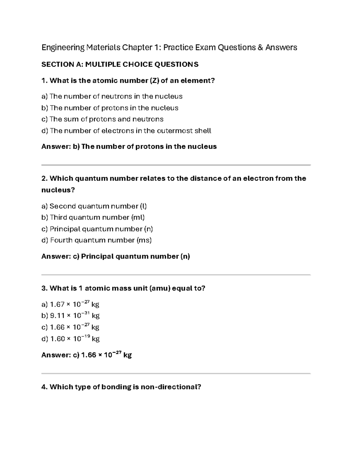 Engineering Materials (ENGR 101) Chapter 1: Quiz Preparation Guide ...