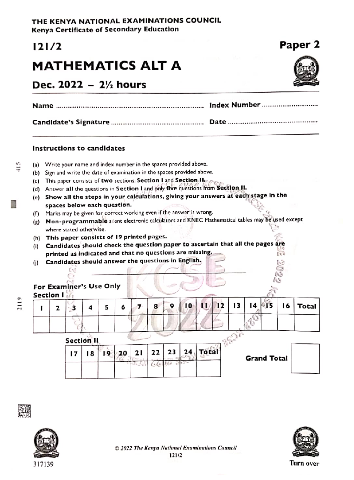 2022 KCSE Mathematics Paper 2 with Marking Scheme - Studocu
