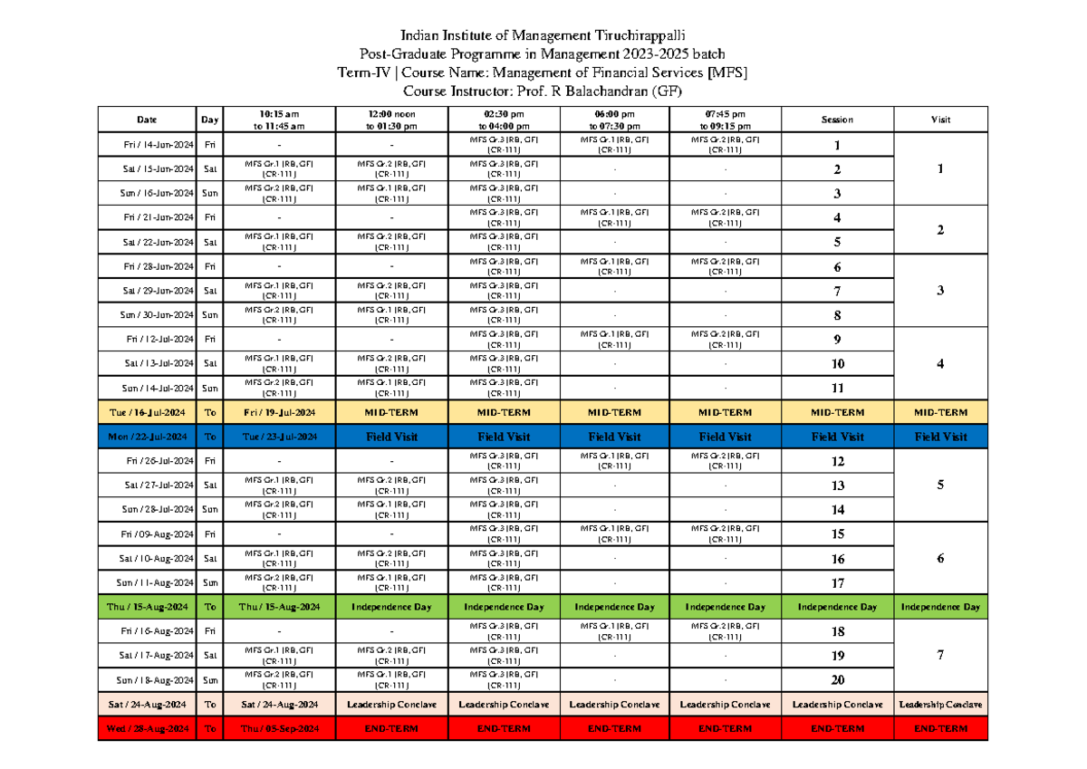 MFS CR-111 Date-wise Schedule for Term-IV 2023-2025 Batch - Studocu