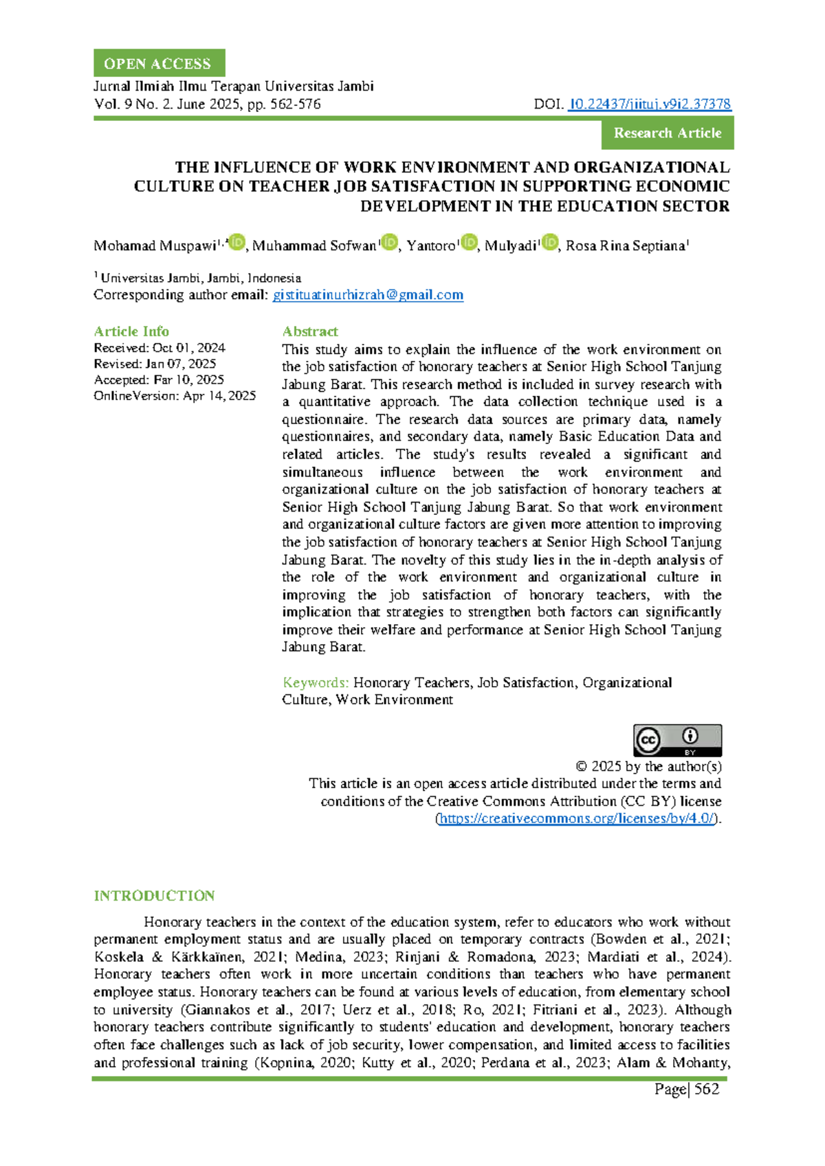 The Influence of Work Environment & Org Culture on Teacher Job ...