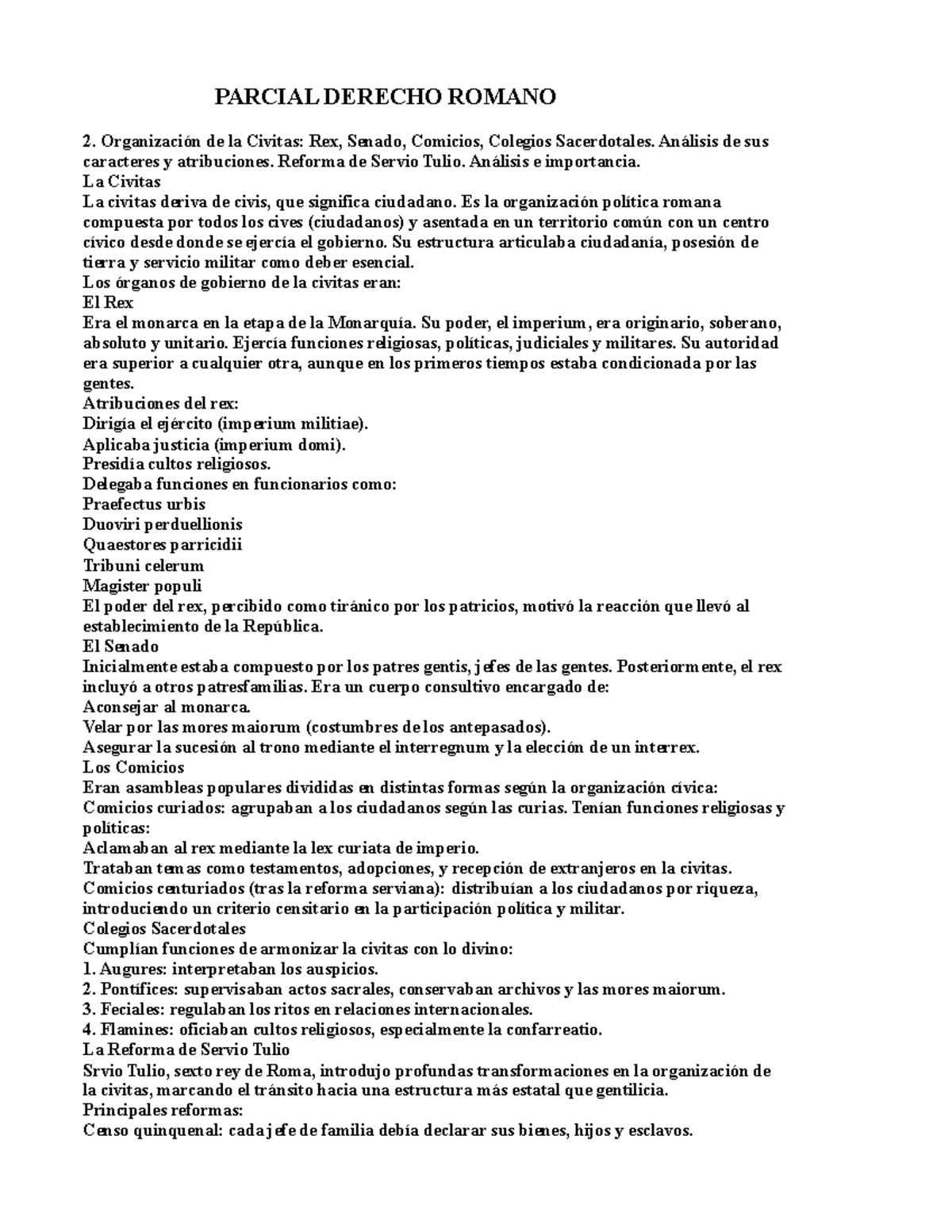 Derecho Romano 2: Civitas, Rex, Senado y Reformas de Servio Tulio - Studocu