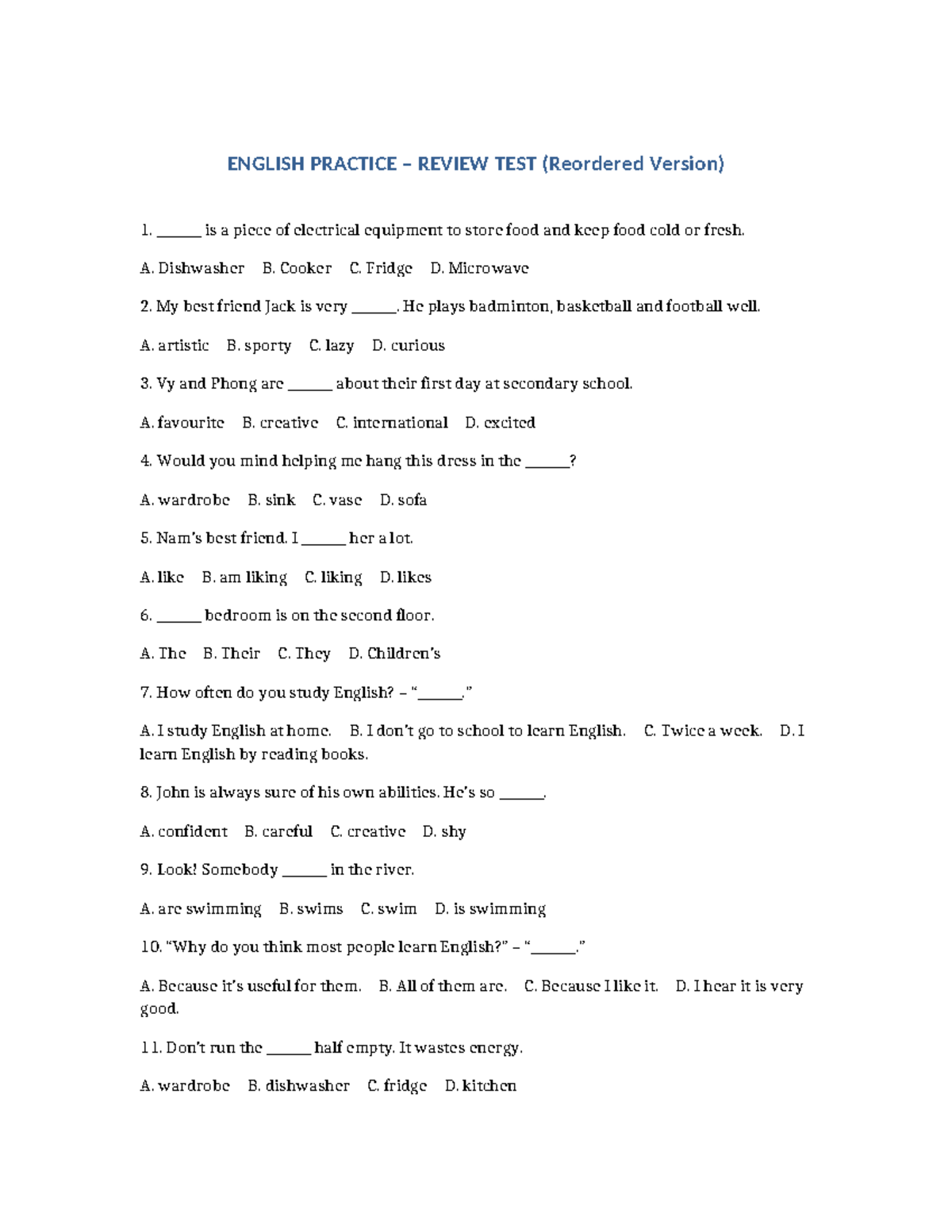 ENGLISH PRACTICE REVIEW TEST (Reordered) PAGE 18 - Studocu