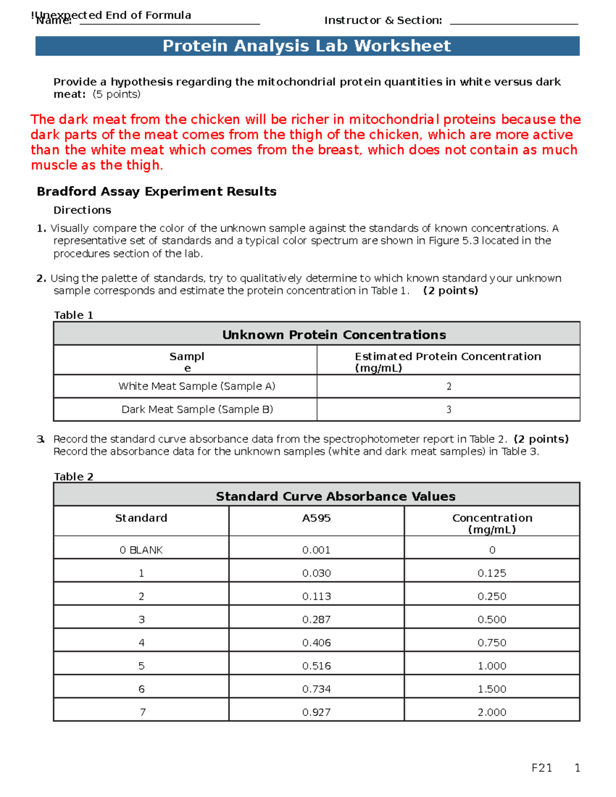 Protein Analysis Lab Worksheet and Results for BIO181 - Studocu