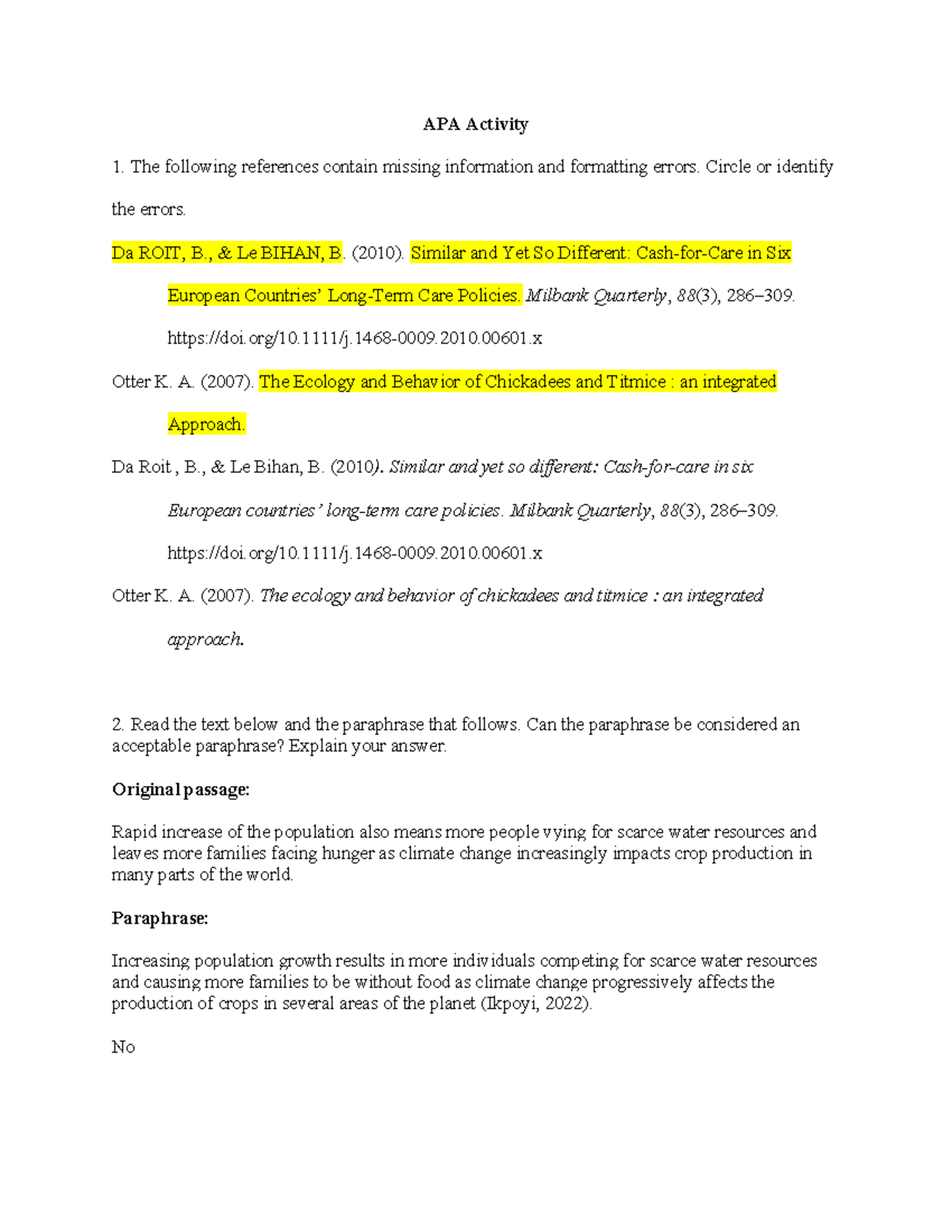 25JAN APA Activity - Identifying Formatting Errors and Paraphrase ...