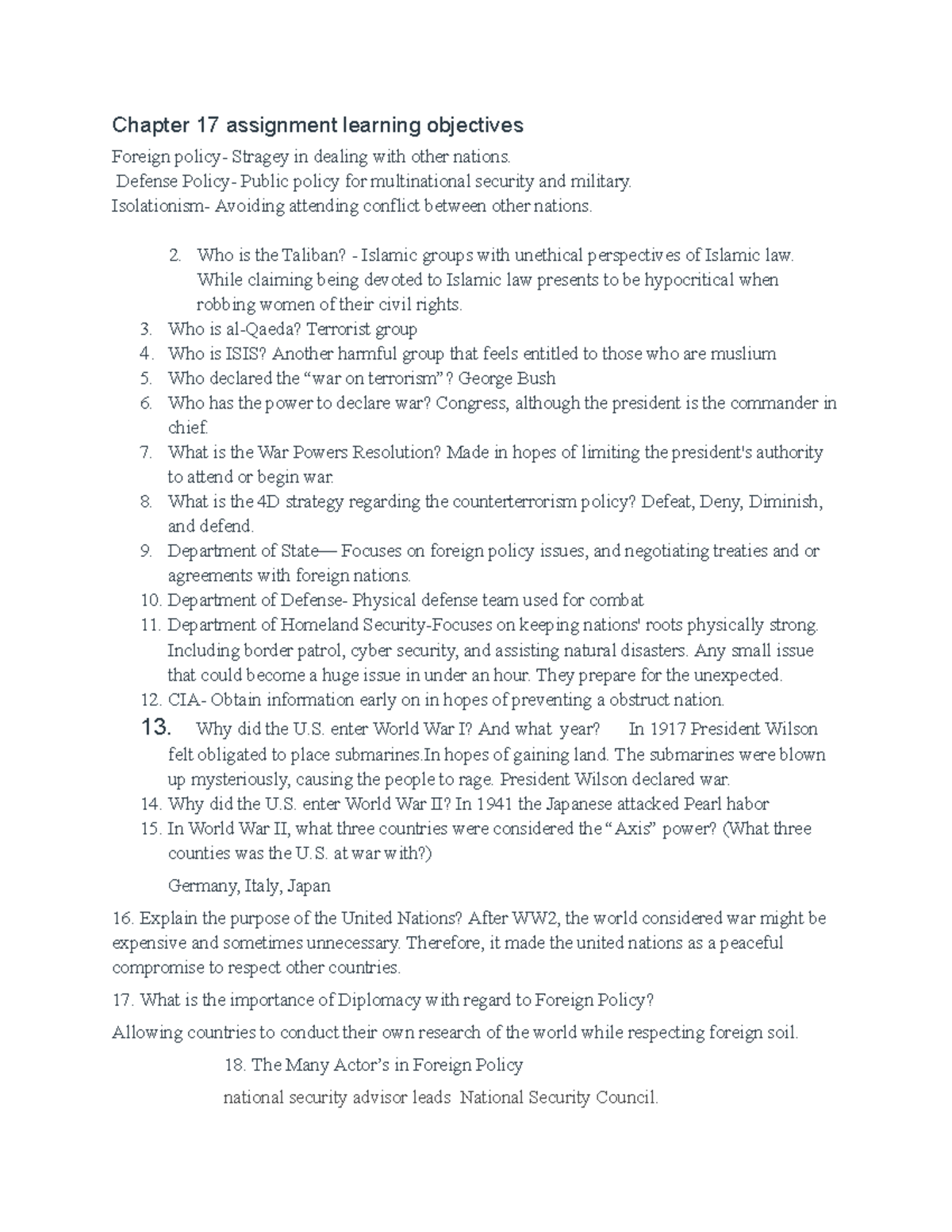 Chapter 17 Assignment: Key Learnings in Foreign Policy and Security ...