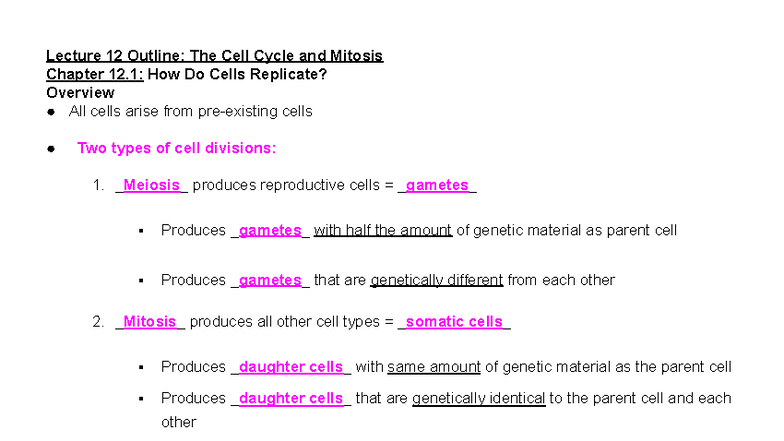 Lecture 12: The Cell Cycle and Mitosis Overview (Chapter 12.1 & 12.3 ...