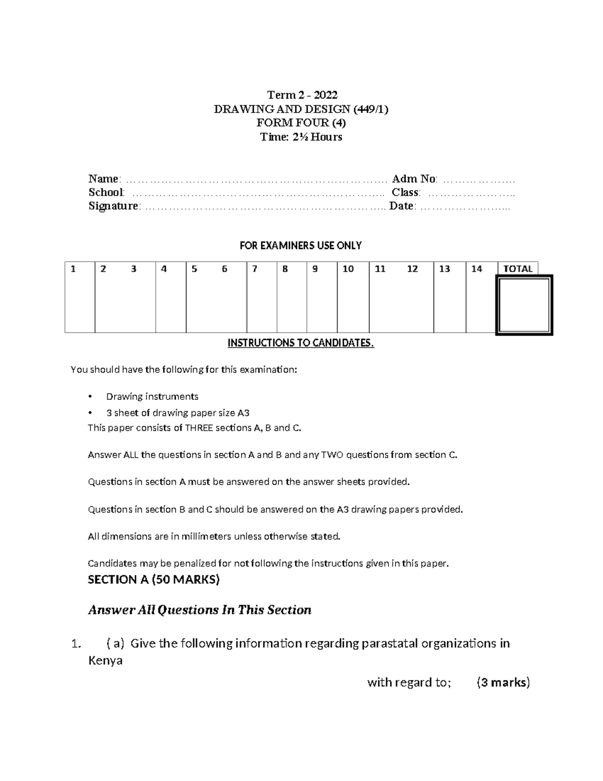 Term 2 2022 Drawing and Design Form 4 Exam Paper - P1 Revision - Studocu