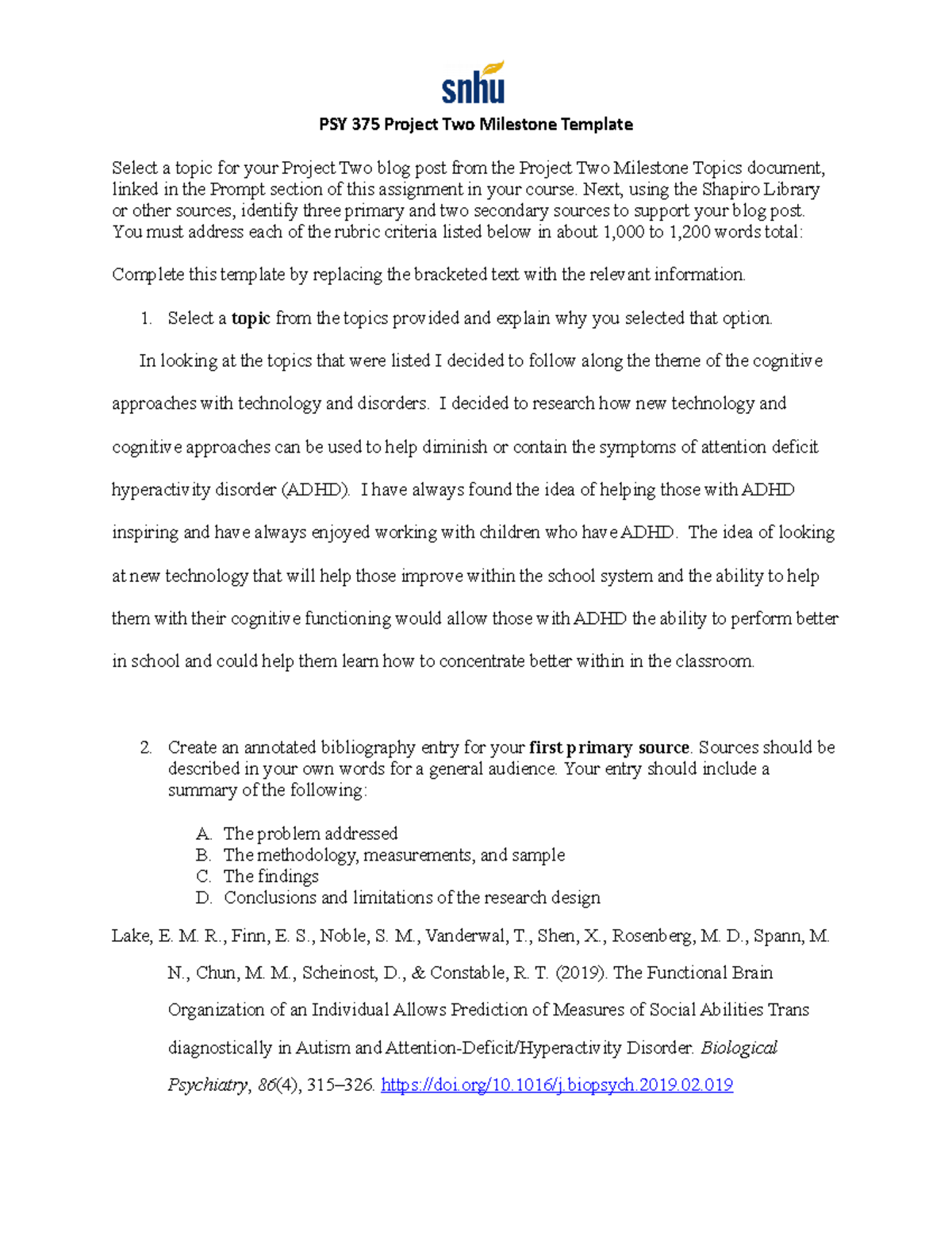 PSY 375 Project Two Milestone: Exploring ADHD and Cognitive ...