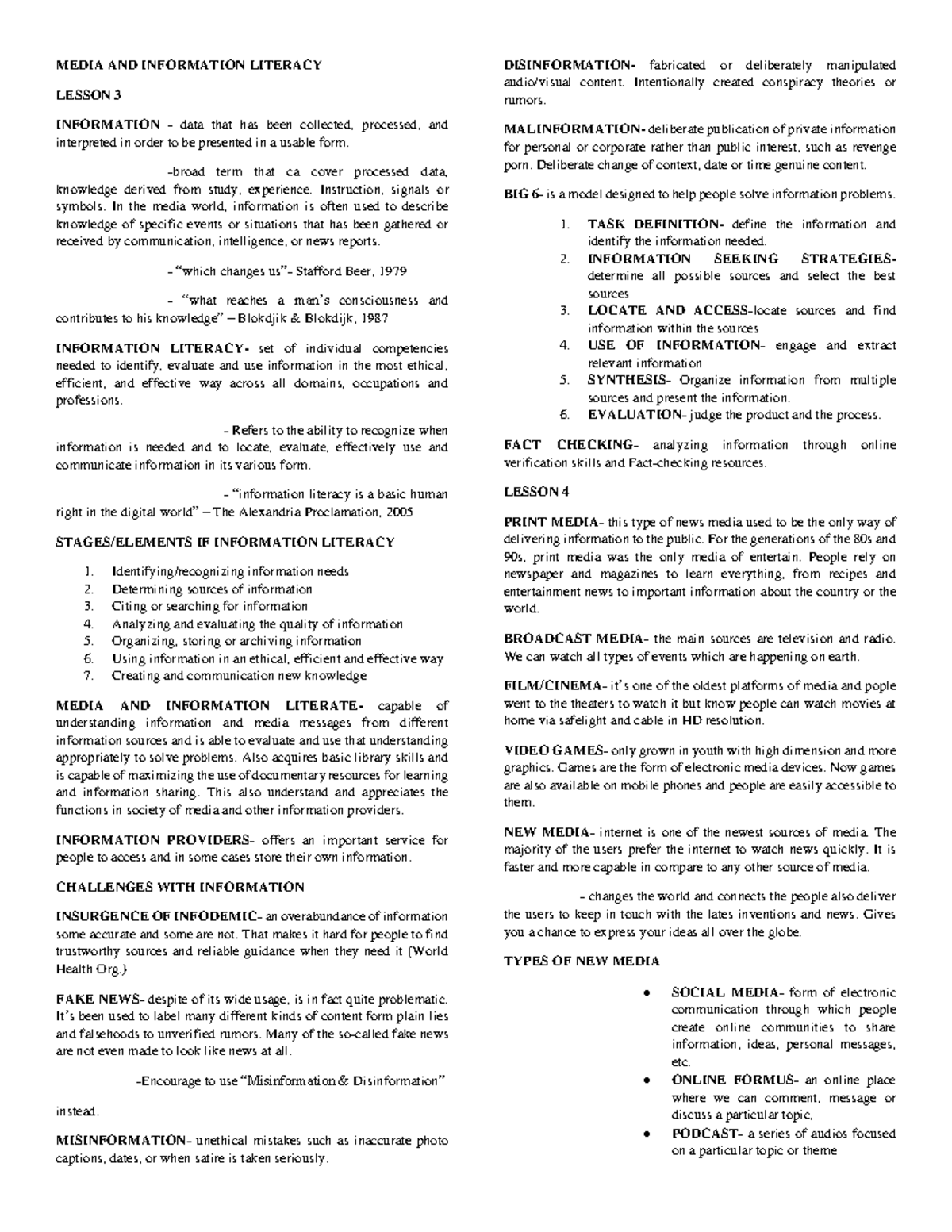 MIL Lesson 3 & 4 Review: Understanding Media & Information Literacy ...