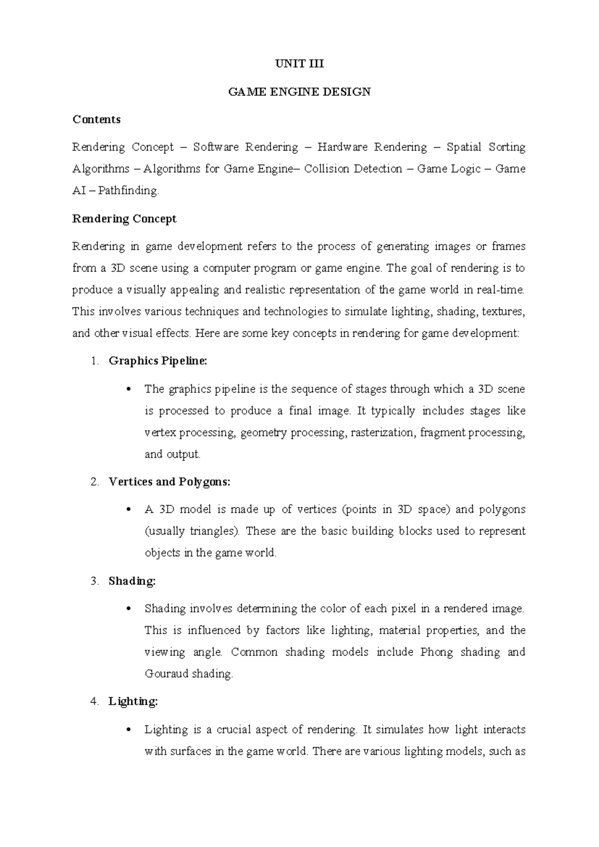 Unit III - App Development Notes on Game Engine Design - Studocu