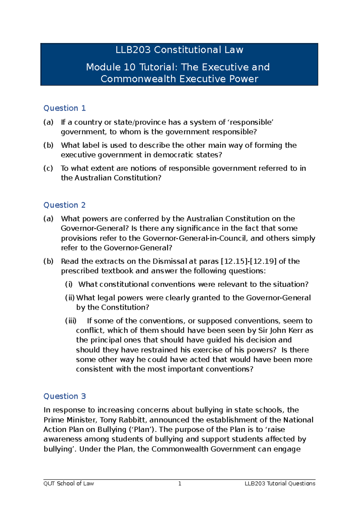 LLB203 Constitutional Law Module 10 Tutorial Questions and Analysis ...