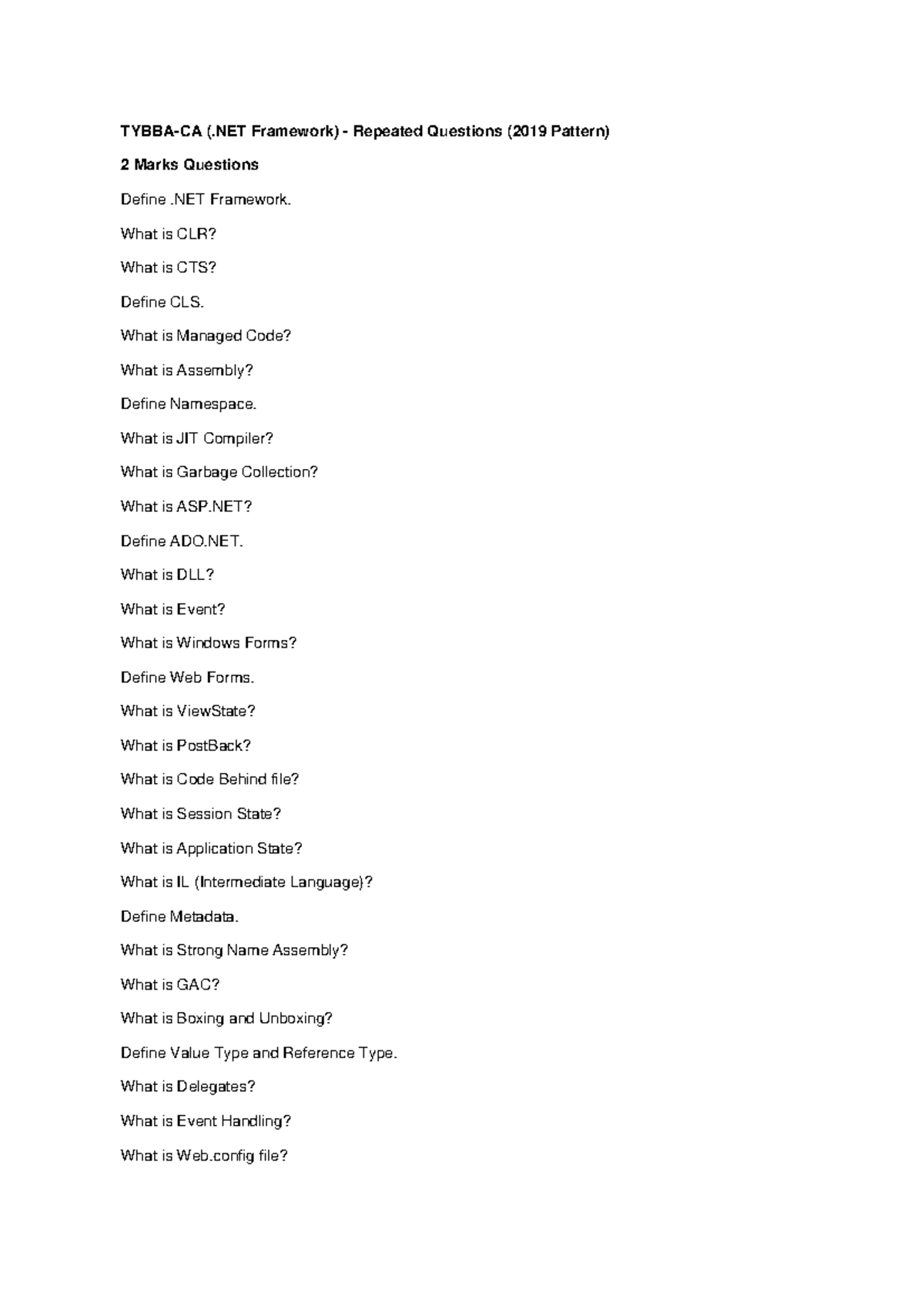 (.NET Framework) Repeated Questions - 2 & 4 Marks (2019 Pattern) - Studocu