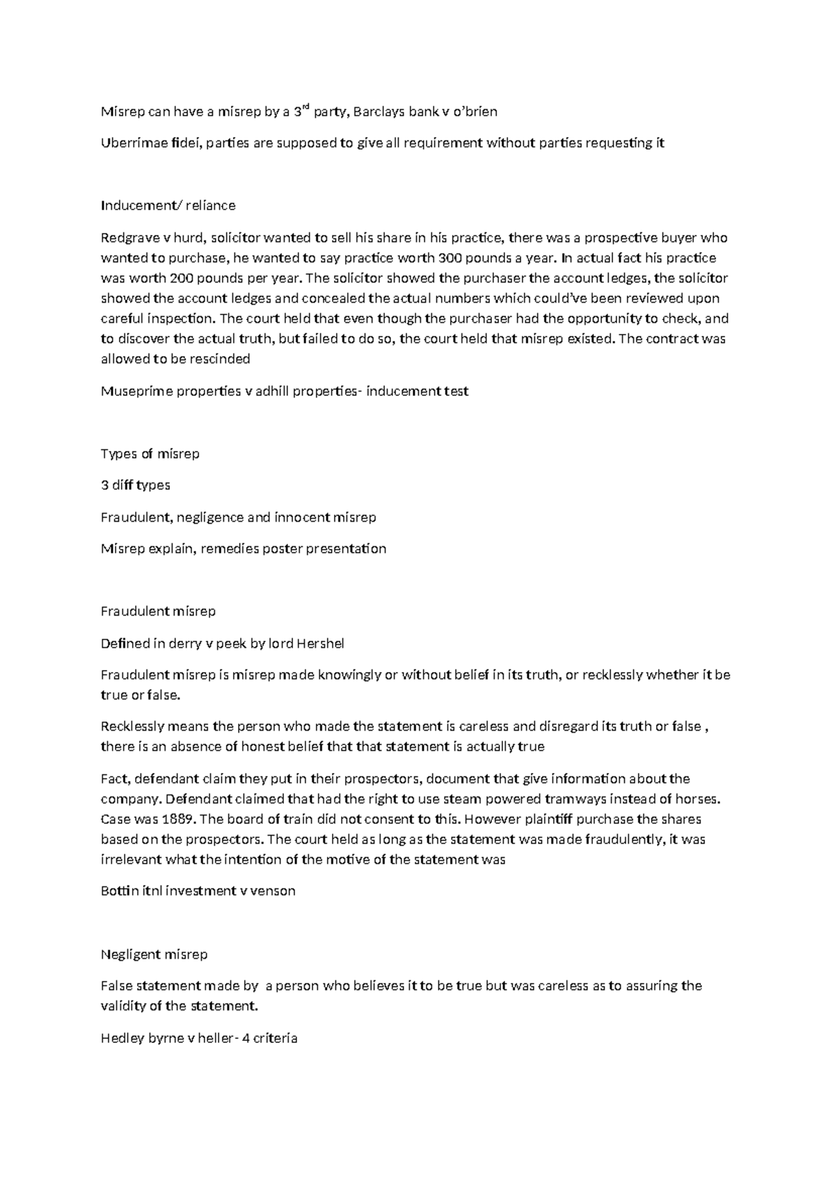 contract law notes - Misrep can have a misrep by a 3rd party, Barclays ...