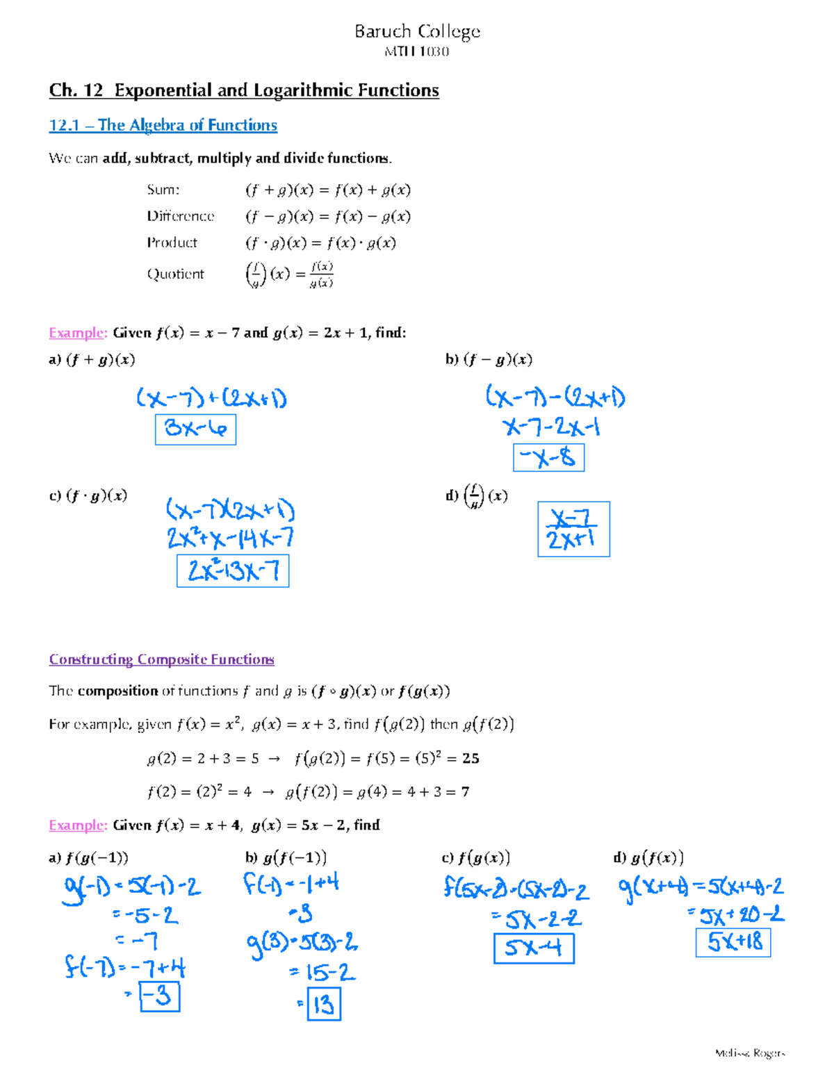 MTH 1030 Functions: Decomposition, Algebra, and Composition Examples ...