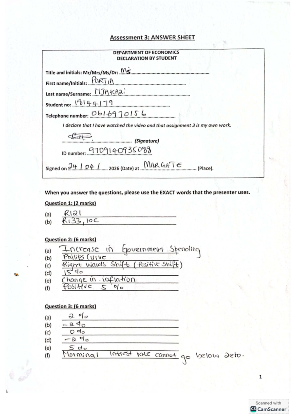 Assessment 3: Answer Sheet for DEPT OF ECONOMICS (18144179) - Studocu