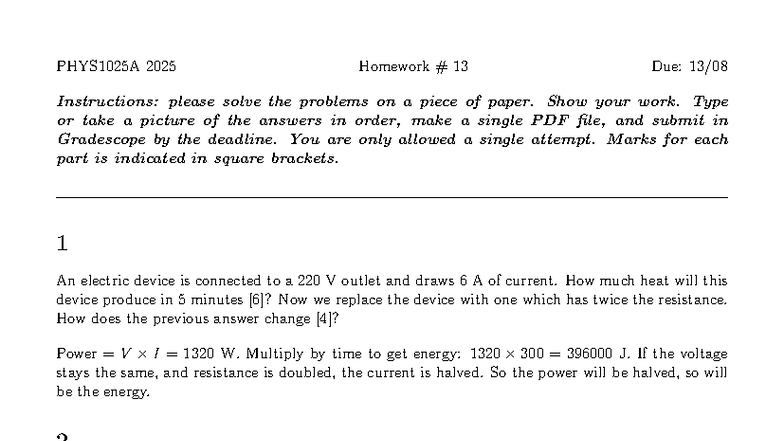 PHYS1025A 2025 Homework 13 Solutions and Instructions - Studocu