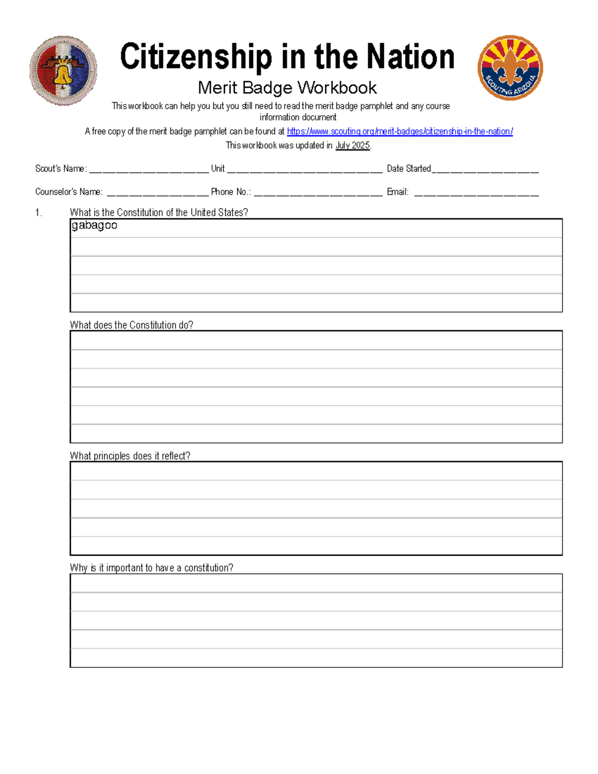 Citizenship in the Nation Merit Badge Workbook (Updated July 2025 ...