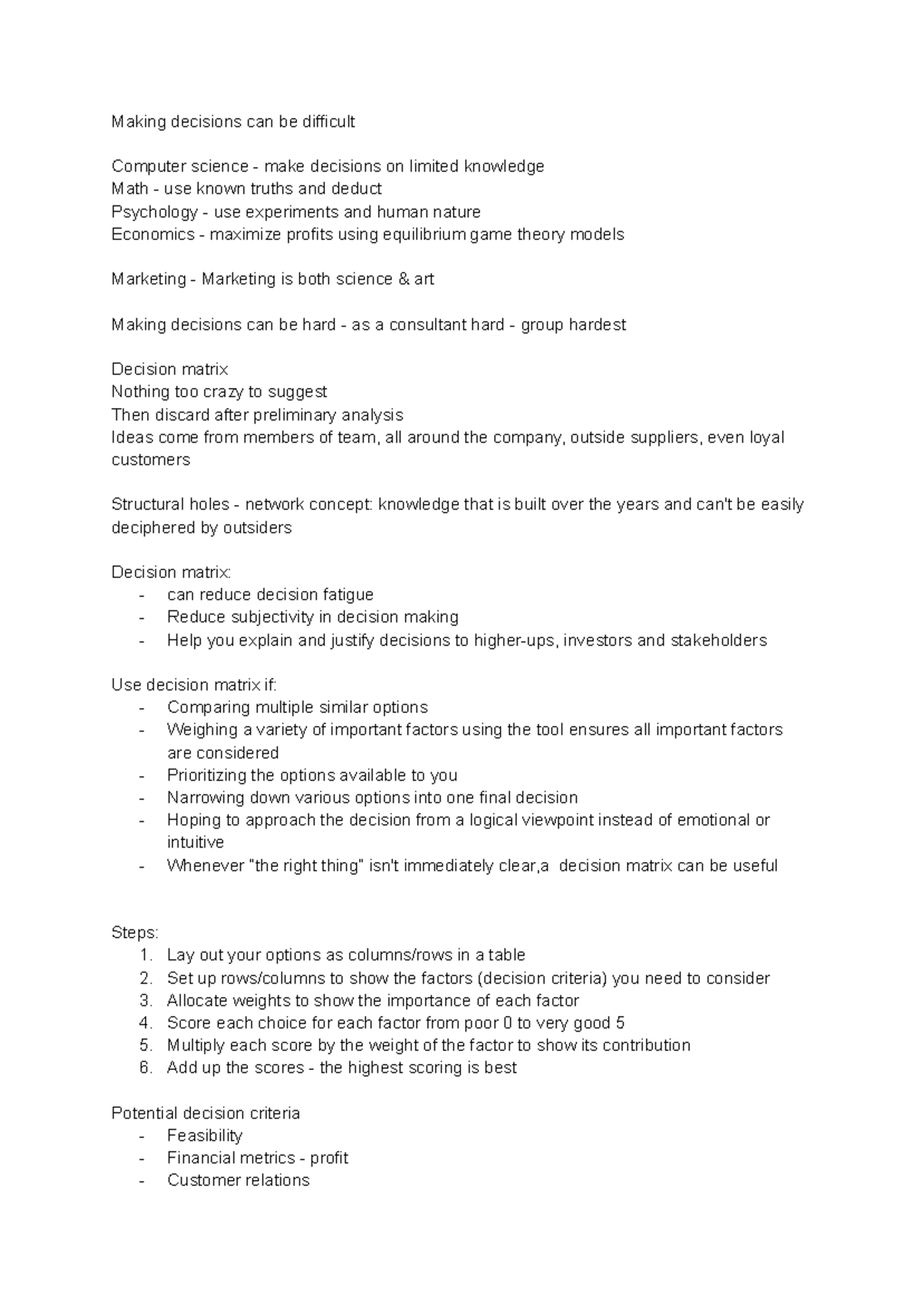 Decision Matrix - CS Class Lecture Notes on Decision Making - Studocu
