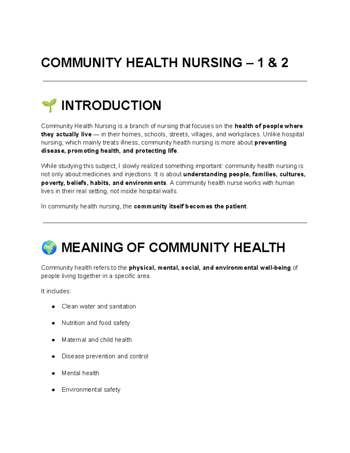 Community Health Nursing 1&2: An Introduction to Community Care - Studocu