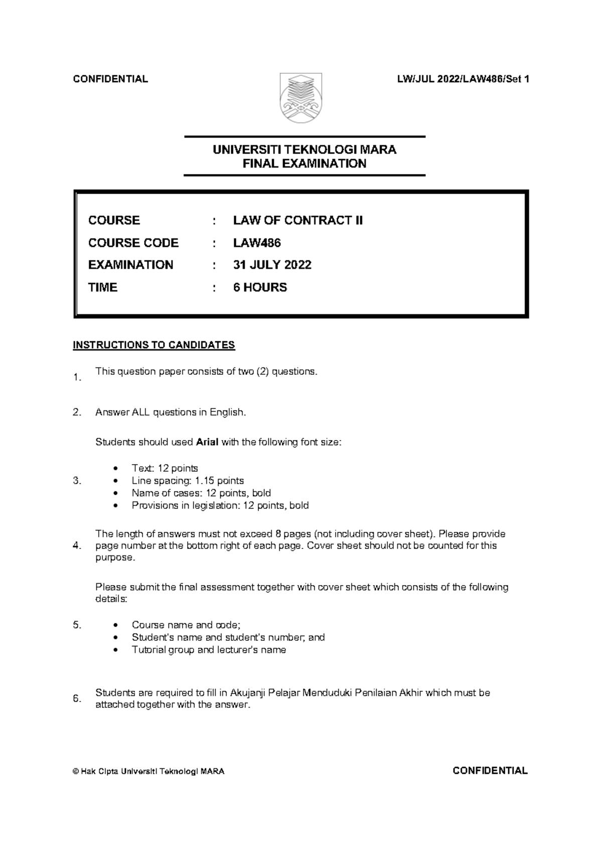 Final Exam Paper for LAW486: Law of Contract II - Session 2, 2022 - Studocu