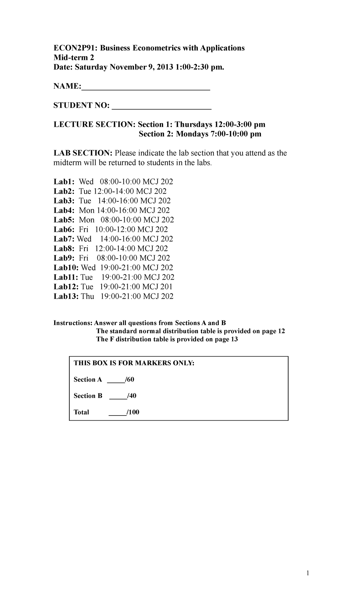 MIdterm 2 9 November 2013, questions and answers - ECON2P91: Business ...