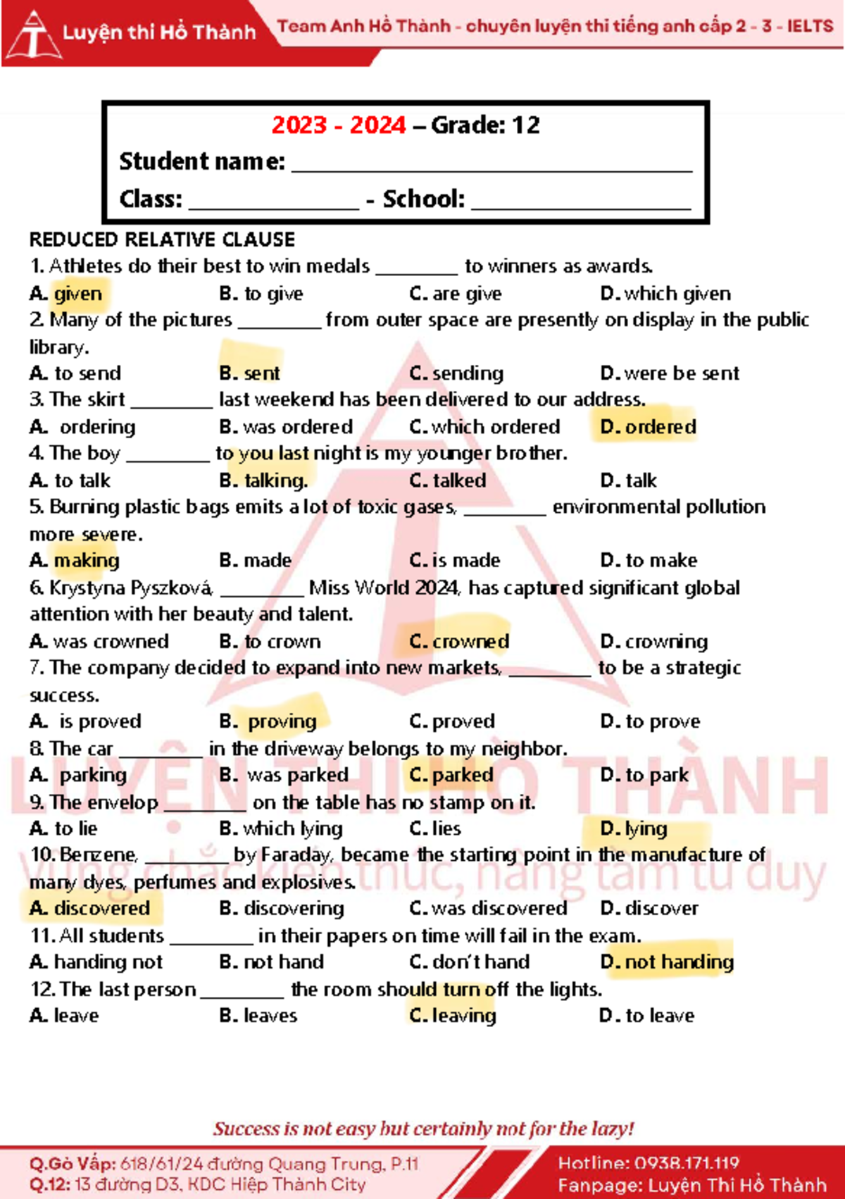 Reduced Relative Clause Exercises for Grade 12 - Studocu