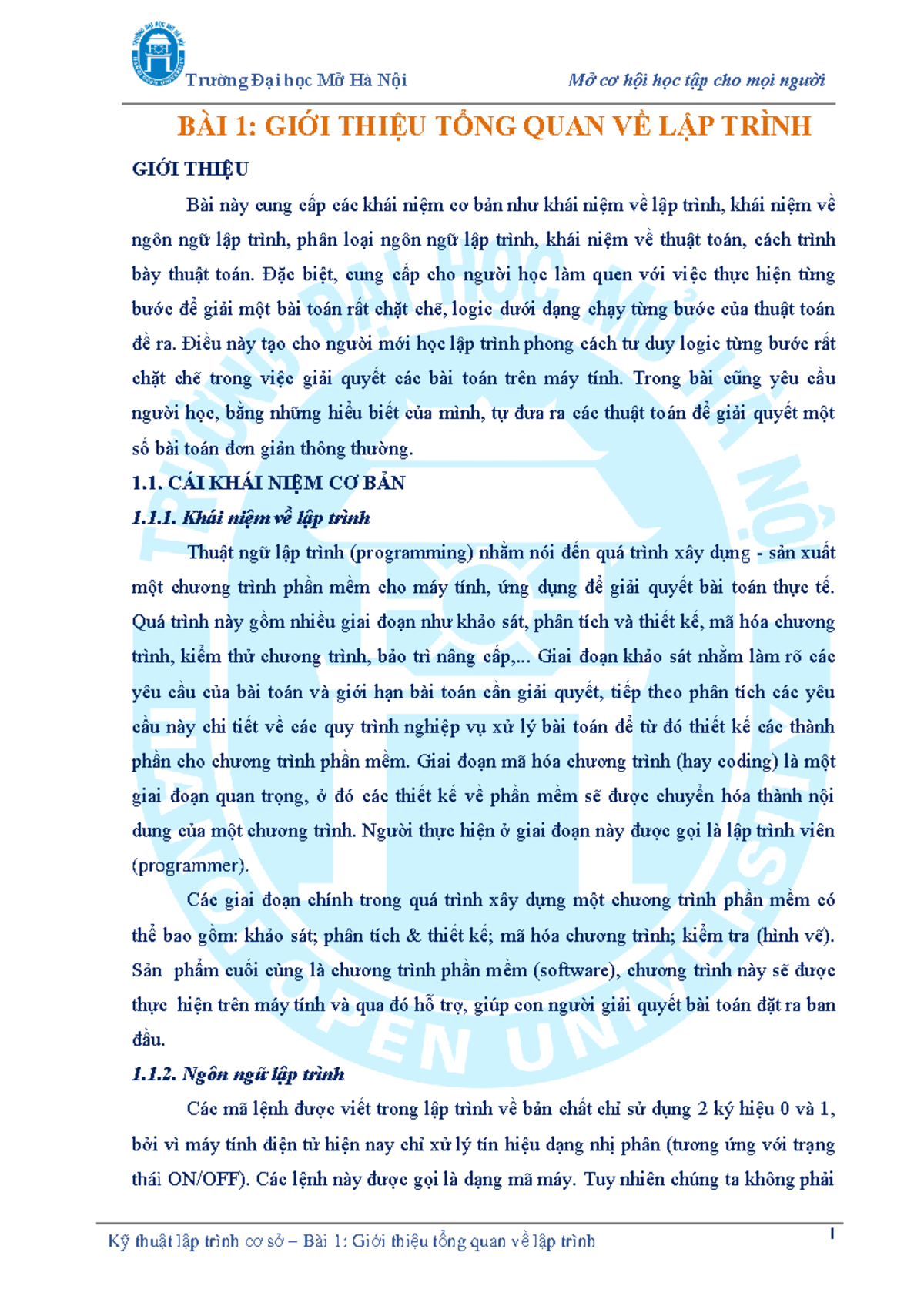 Kỹ thuật lập trình cơ sở HLDT-01: Giới thiệu tổng quan về lập trình ...