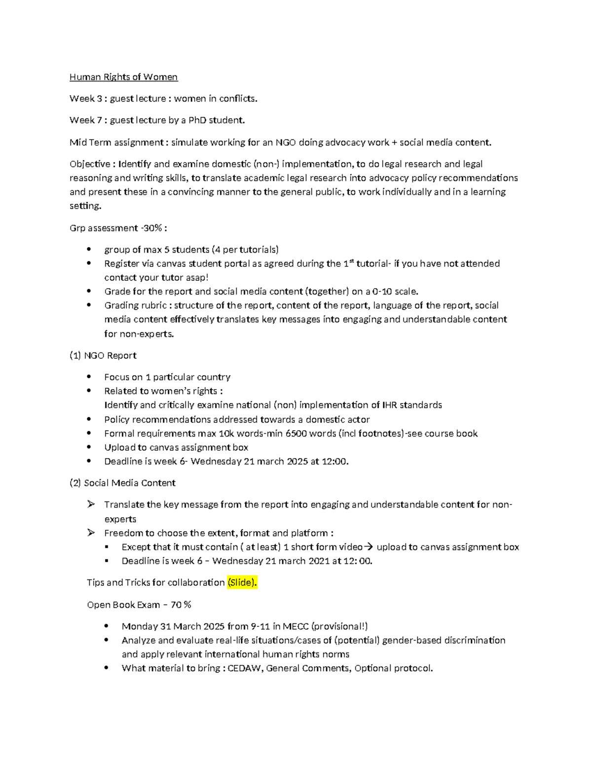 Human Rights of Women: Week 3 & Midterm Assignment Overview (LAW 101 ...