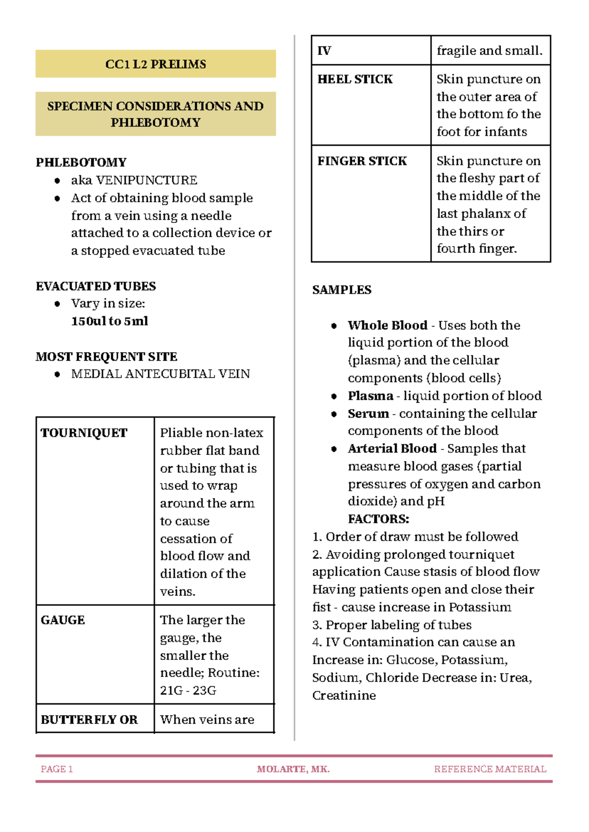 CC1 Prelims L2 - Phlebotomy and Specimen Considerations Guide - Studocu