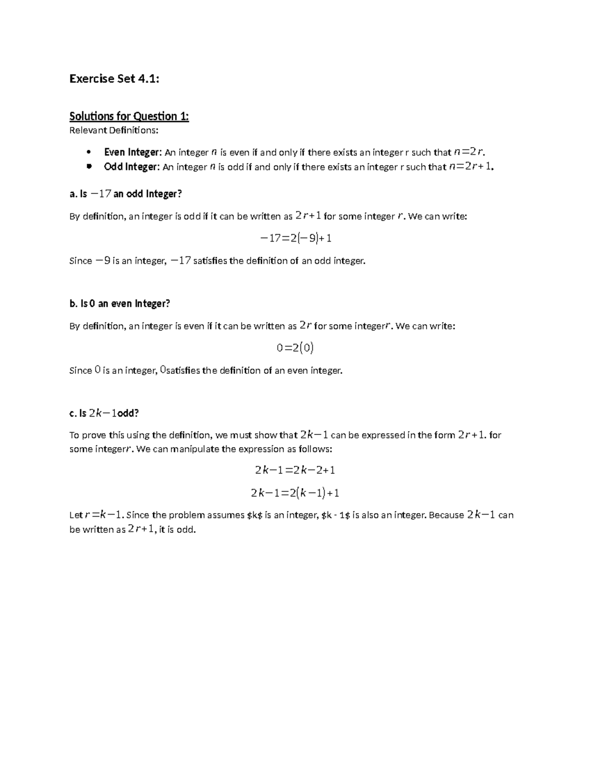 Exercise Set 4: Solutions and Proofs on Even and Odd Integers - Studocu