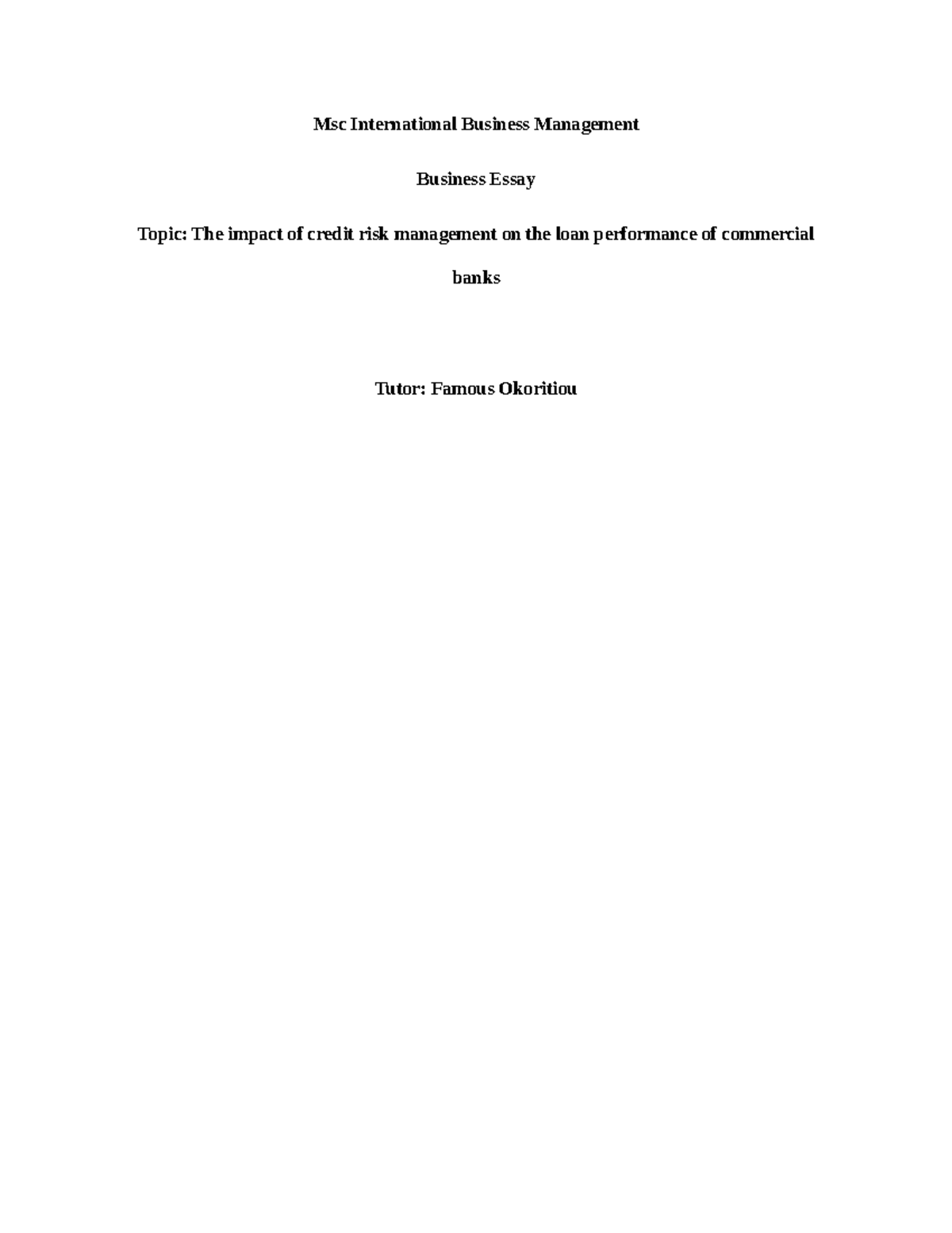 MSc International Business Management: Credit Risk & Loan Performance ...
